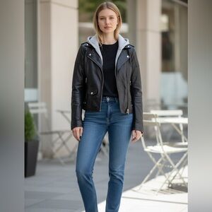 NWT LAMARQUE Anna Biker jacket in black leather w/ gray zip in/out hoodie! Sz: S